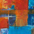 A colorful abstract painting with vibrant blue and orange tones in acrylic.
